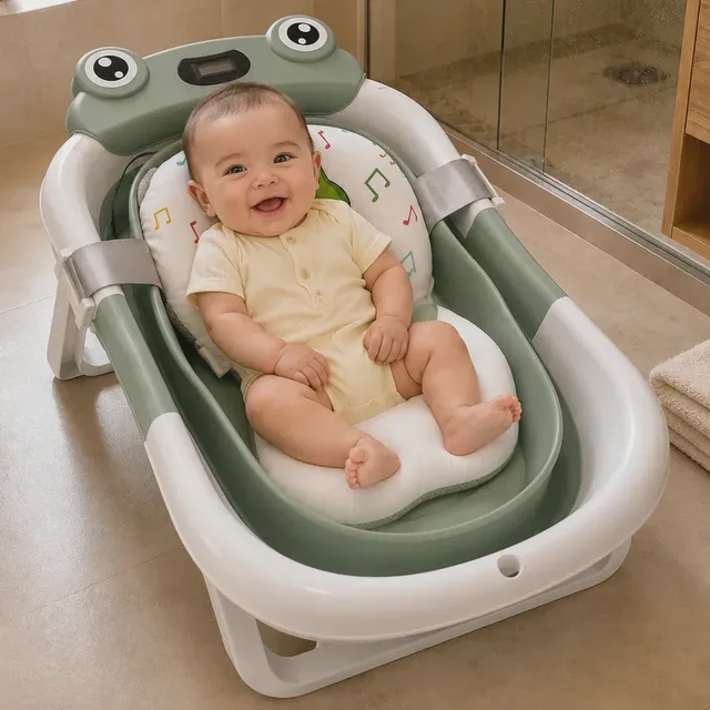 Banheira Dobravel Para Bebe com Termometro Portatil Verde