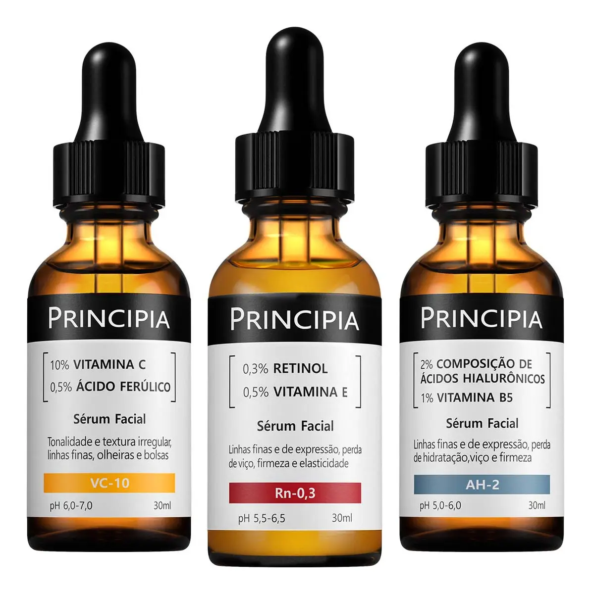 Kit 3 Séruns Principia Vitamina C, Retinol e Hialurônico