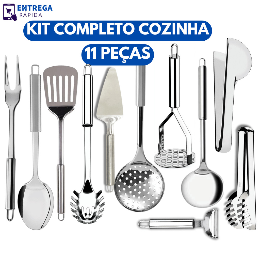 Kit 11 Utensílios para Cozinha Inox Descascador de Legumes Amassador de Batata Concha Escumadeira Espátulas e Mais