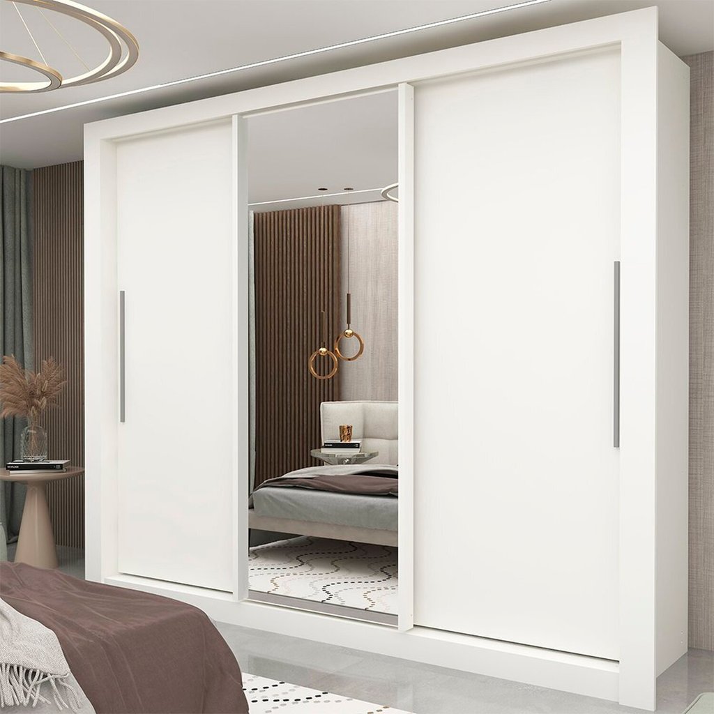 Guarda-Roupa Casal 3 Portas 1 Porta Espelhada Milão MDF Branco