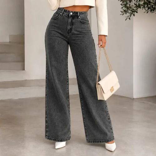 Calça Jeans Pantalona Wide Leg Cintura Alta Larga