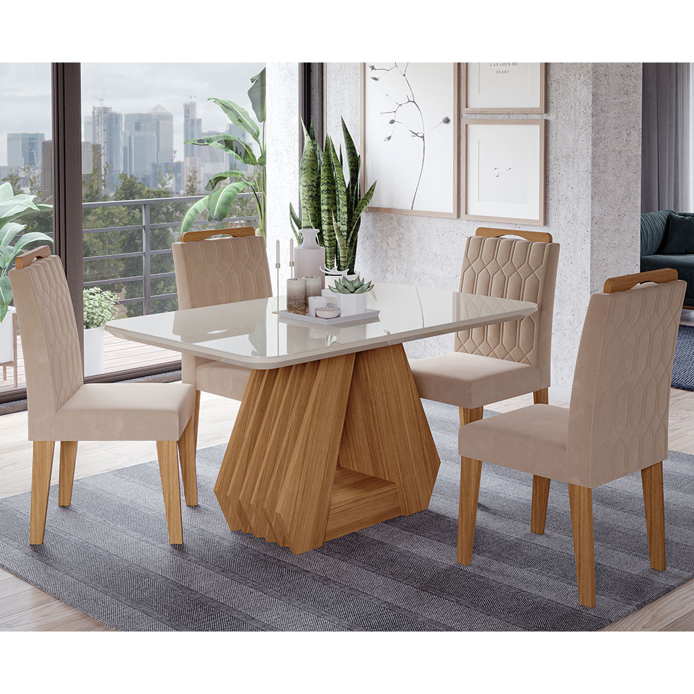 Conjunto Sala de Jantar Ágata com Tampo em MDF e Vidro e 4 Cadeiras Paola Cimol