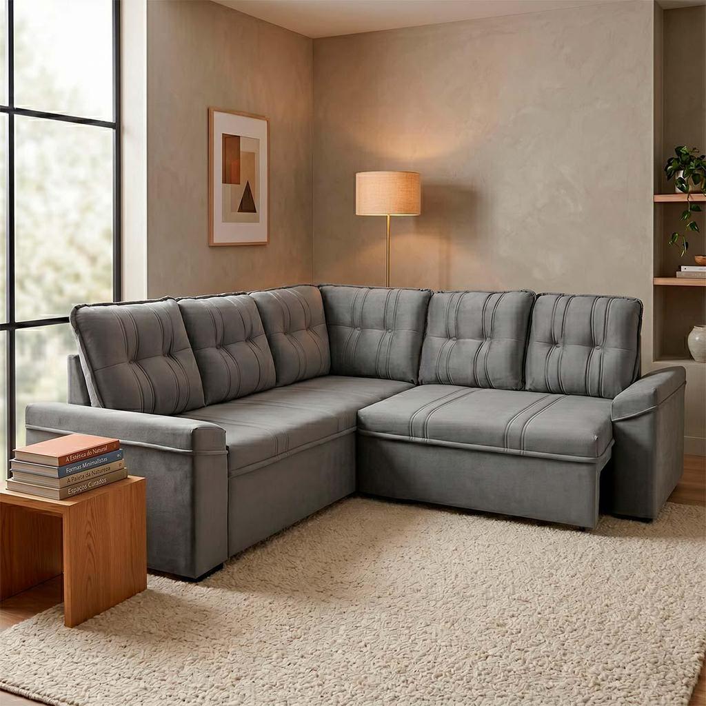 Sofá Canto London Cinza Suede Velut King House
