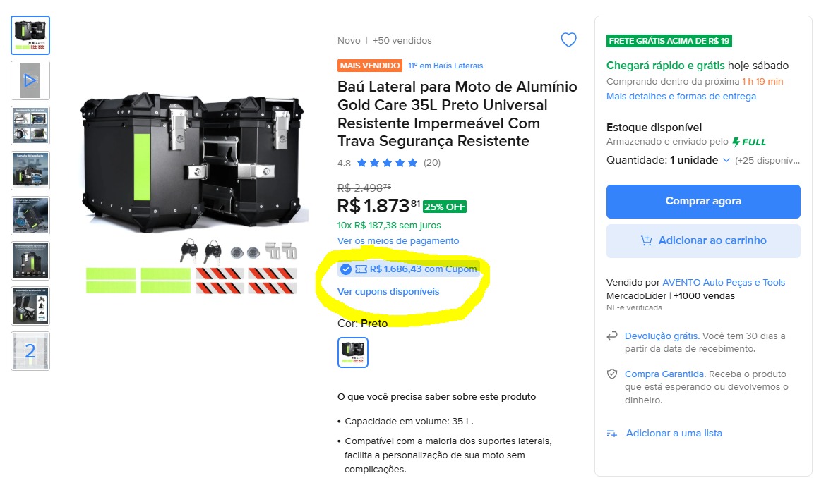 Baú Lateral para Moto de Alumínio Gold Care 35L Preto
