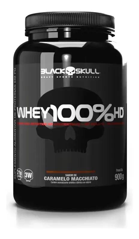 Whey 100 hd black skull 900g wpc wpi e wph caveira pre sabor caramelo macchiato