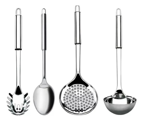 Kit 4 Utensílios Inox Cozinha Colher Concha Escumadeira Prateado