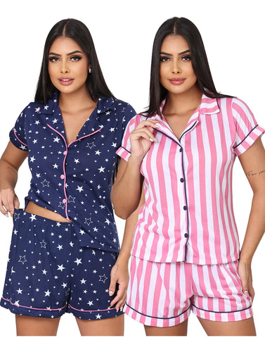 Kit 2 Pijama Feminino Americano Blogueira Golinha com Botões