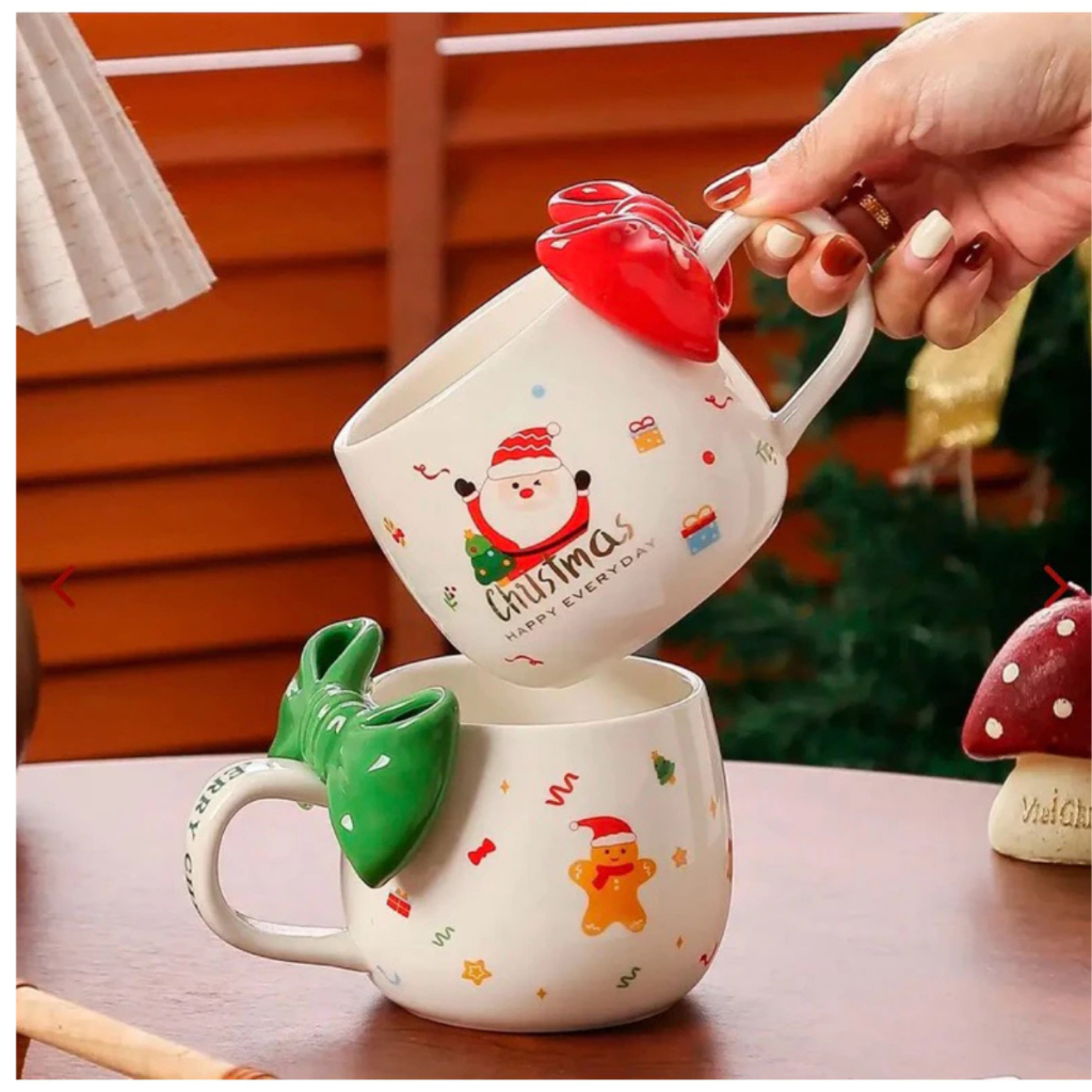 Caneca Papai Noel em Cerâmica 400ml com Tampa e Colher