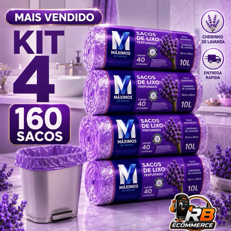 Kit 4 sacos de lixo perfumados Lavanda 160 unidades 34x38cm