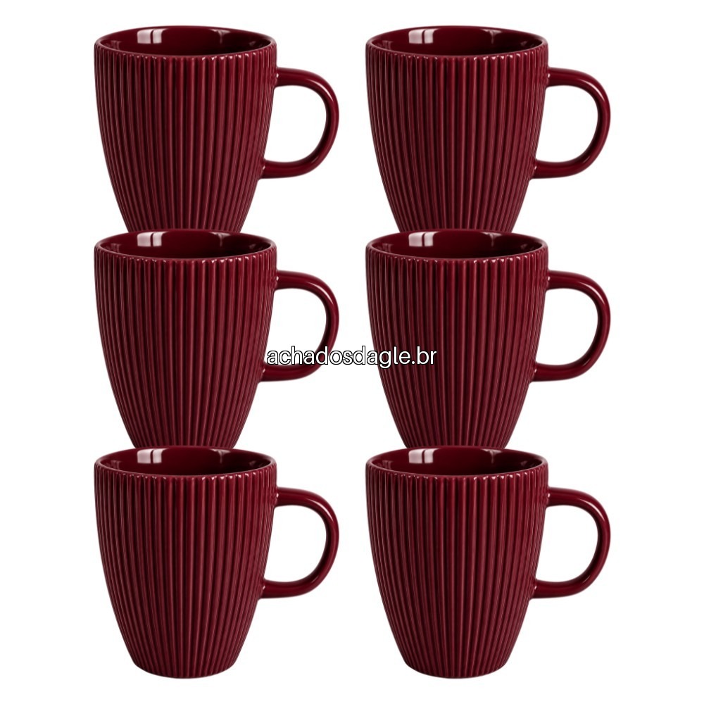 Kit 6 Canecas Caneladas de Porcelana Bordô 250 ml