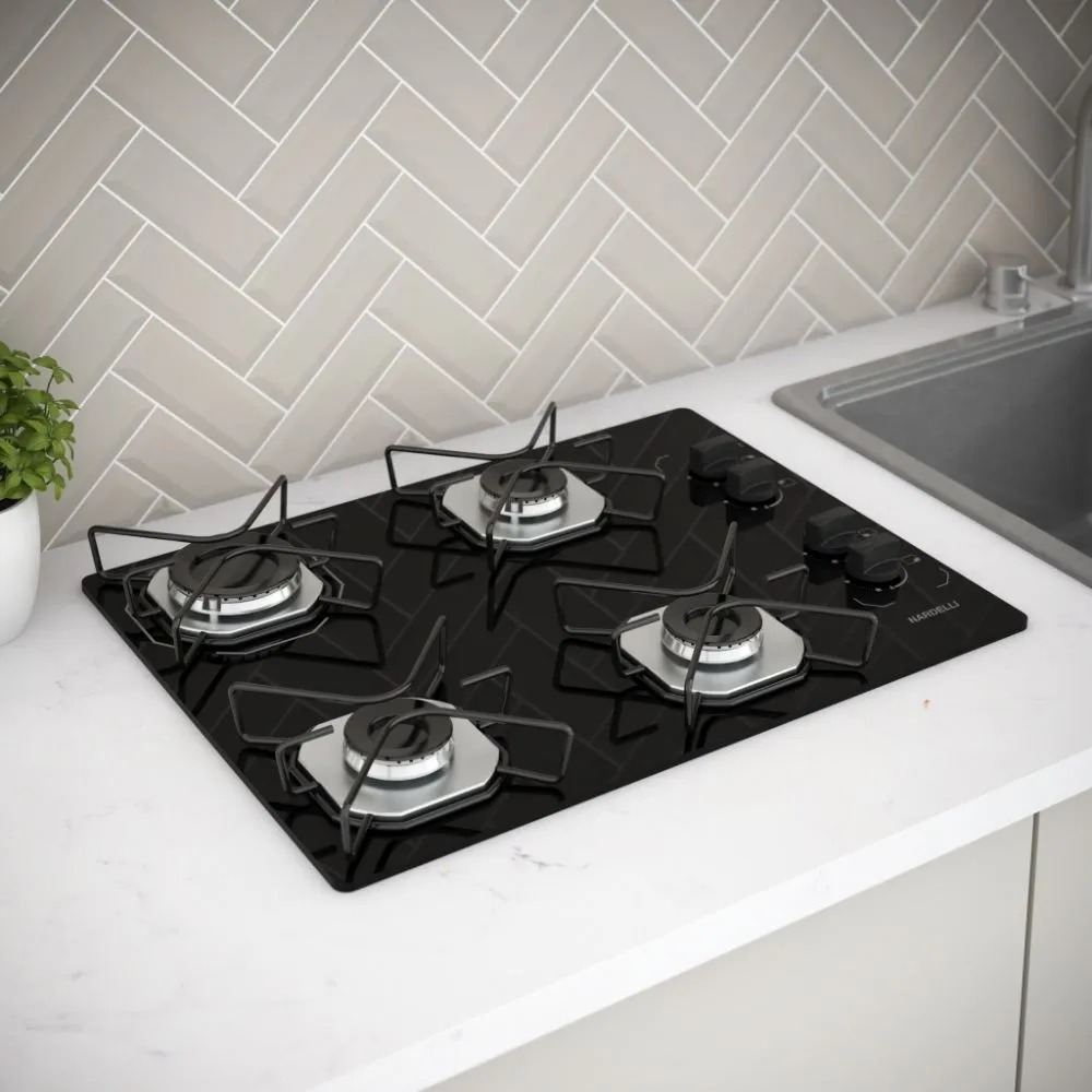 Fogão Cooktop Fogatti 4 Bocas Vidro Preto Flange Inox Bivolt