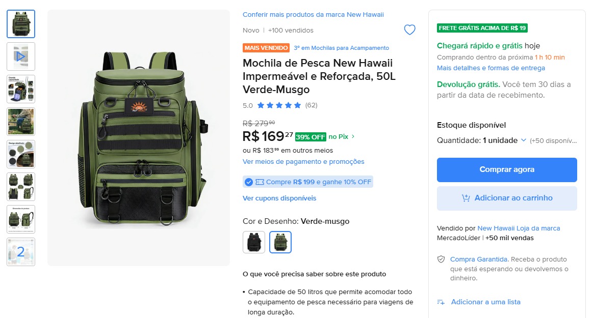 Mochila de Pesca New Hawaii Impermeável e Reforçada 50L Verde-Musgo