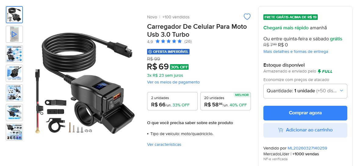 Carregador De Celular Para Moto Usb 3.0 Turbo