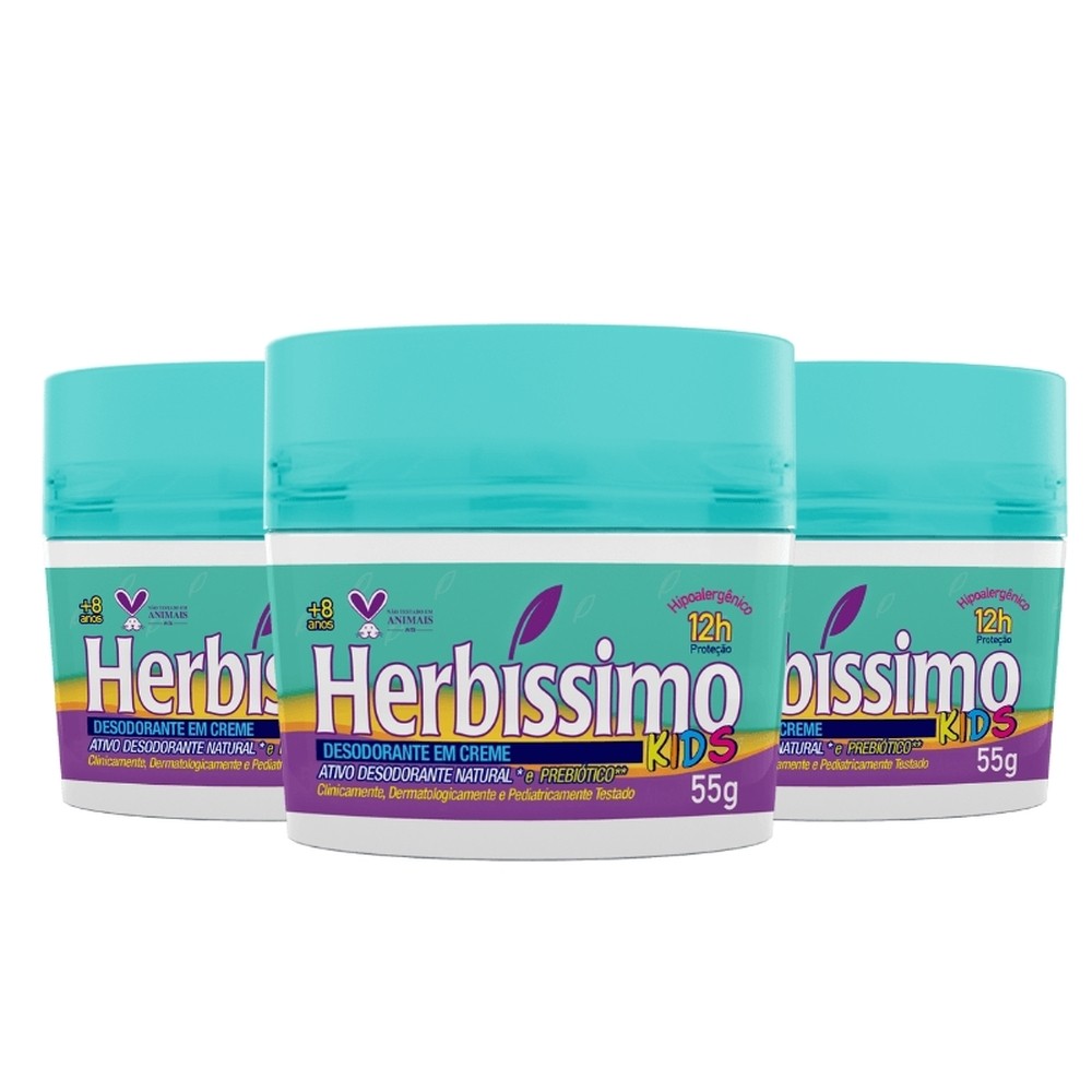 Kit 3 Unidades Desodorante Creme Antitranspirante Herbíssimo Kids 55g