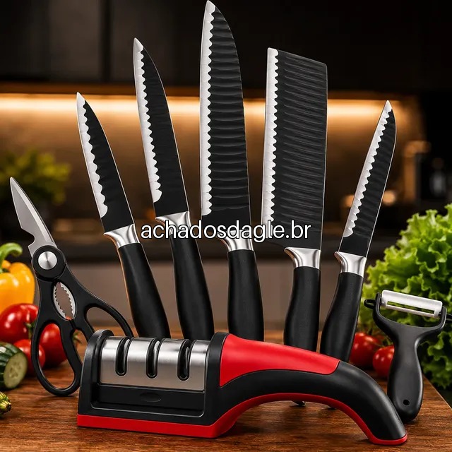 Jogo de Facas e Afiador Inox Profissional 7 Peças Preto