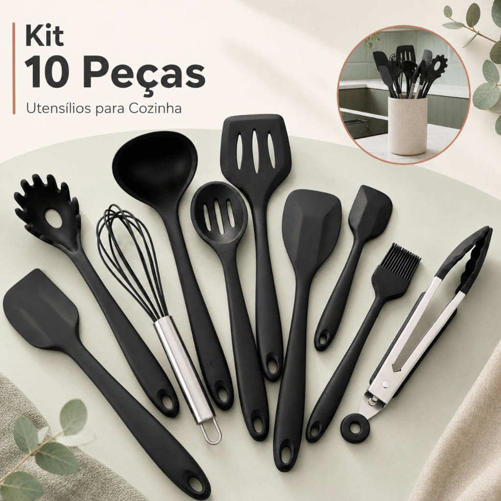 Kit 10 Peças Conjunto Utensílios Cozinha Silicone Inox Jogo Colheres Pegador Concha Preto Vermelho | Shopee Brasil