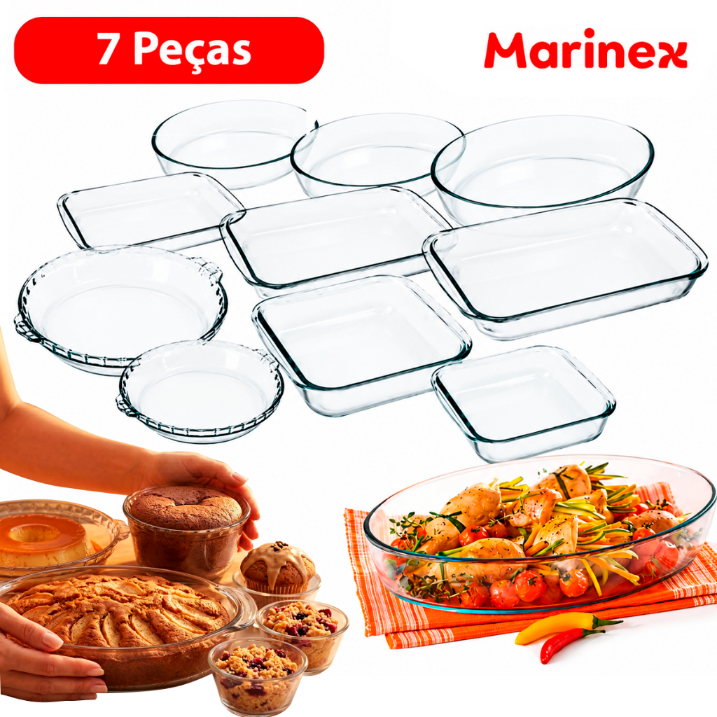 Conjunto Marinex Kit Jogo de Travessas 7 peças Variadas em Vidro Temperado próprias P/ Forno | Shopee Brasil