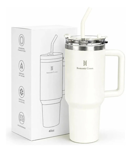 Copo Térmico Gigante 1,2L Inox com Tampa e Canudo Branco Fosco