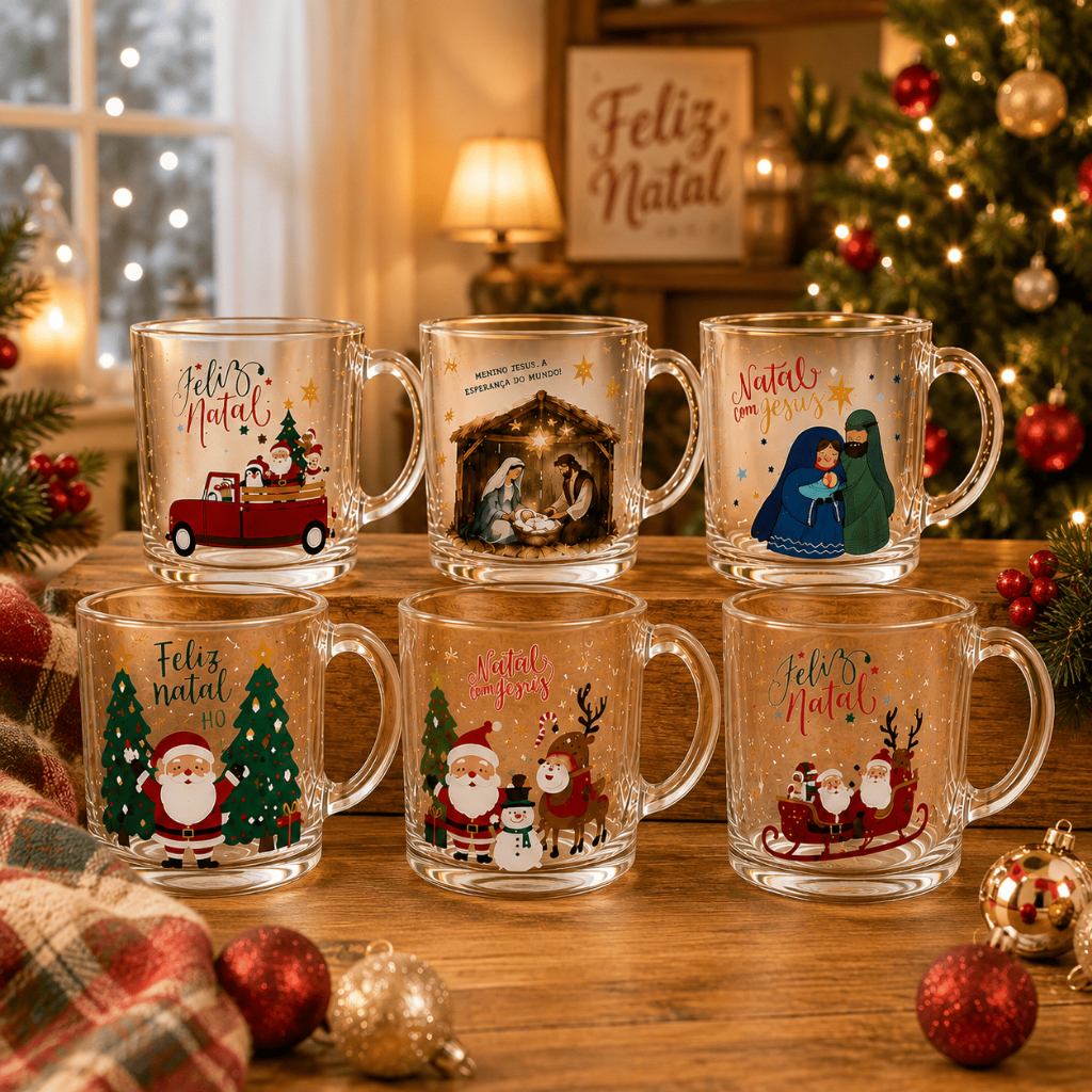 Kit Até 6 Canecas de Vidro Natal 320 ml Estampas Sortidas Festa | Shopee Brasil