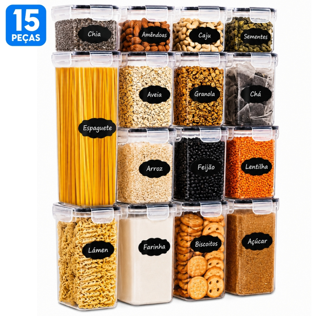 Kit 15 Potes Herméticos Organizadores de Mantimentos em Plástico com Etiquetas