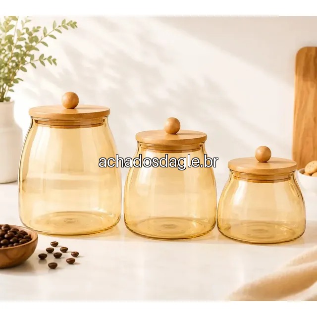 Kit Potes Herméticos de Vidro Âmbar com Tampa de Bambu para Mantimentos