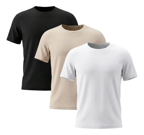 Kit com 3 Camisetas Masculinas Caneladas Americana Gola Careca
