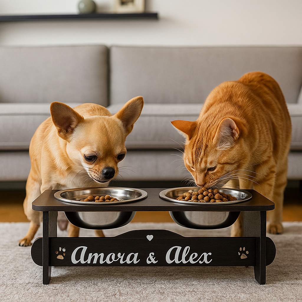 Comedouro Bebedouro PERSONALIZADO Elevado Para Cachorro e Gato Com TAMPAS + 2 Tigelas Inox | Shopee Brasil