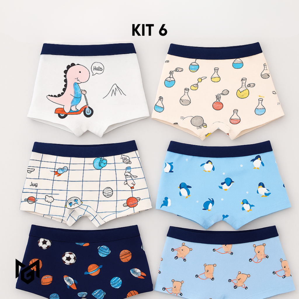 Kit Cuecas Infantis Boxer 100% Algodão Estampas Divertidas