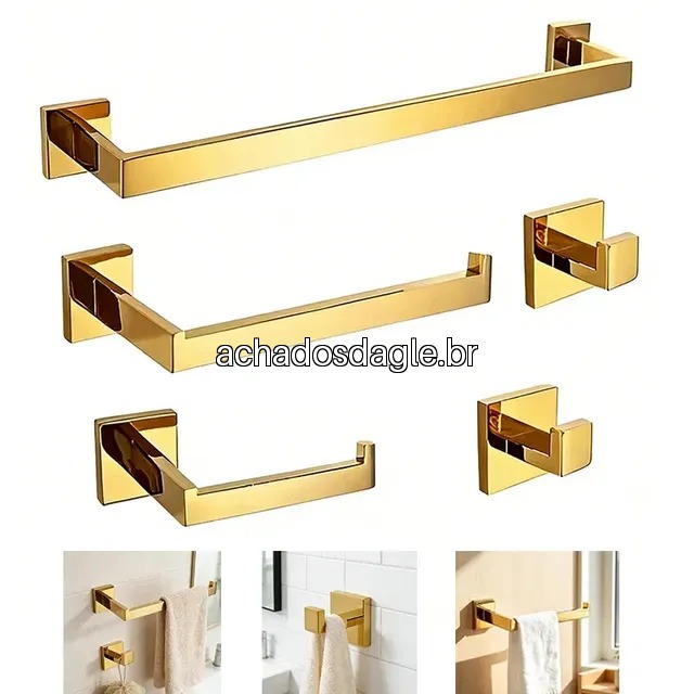 Kit de acessorios para banheiro 5 pecas hidralia brilhante dourad moderno cabide porta toalhassuporte para rolo