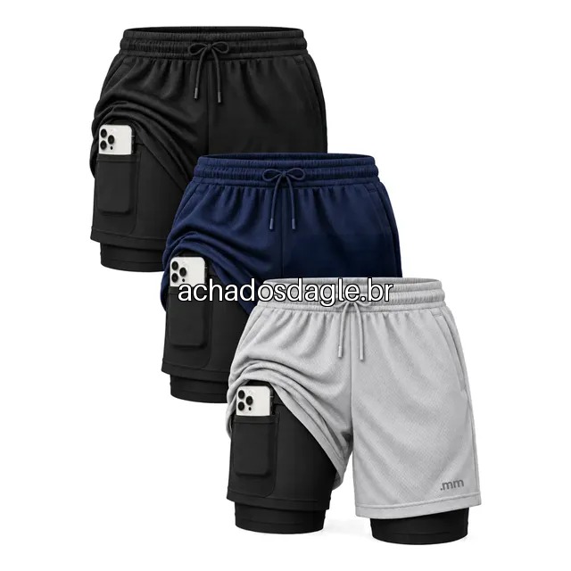 Kit 3 Bermudas 2 Em 1 Short Duplo Masculino Academia Treino Preto-cinza-marinho Liso M