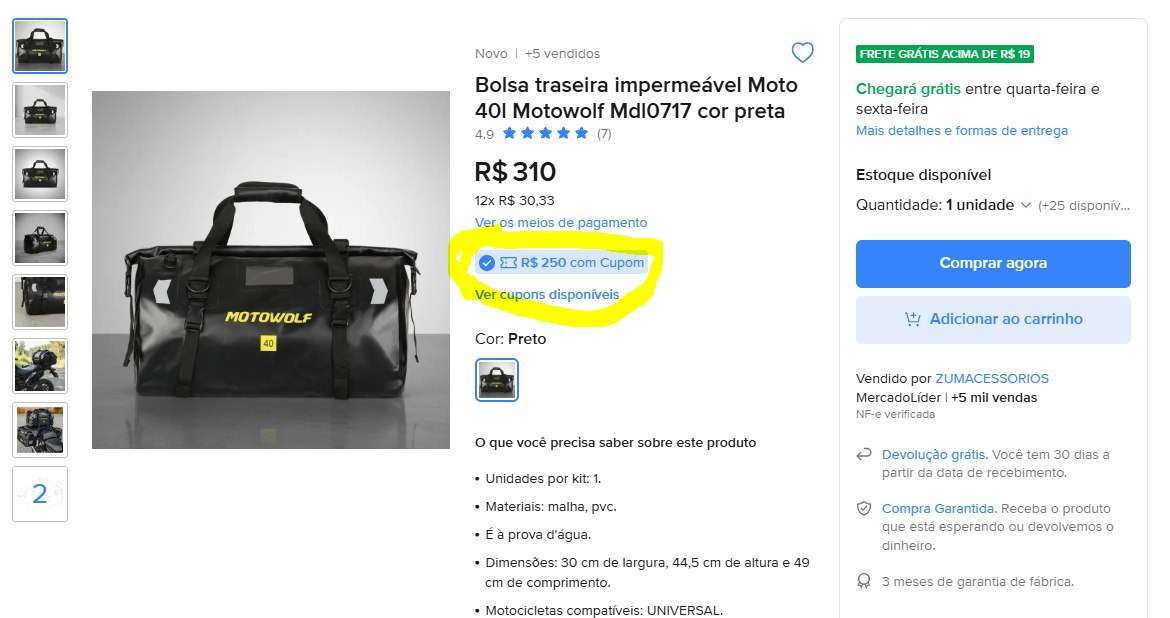 Bolsa traseira impermeável Moto 40l Motowolf Mdl0717 cor preta