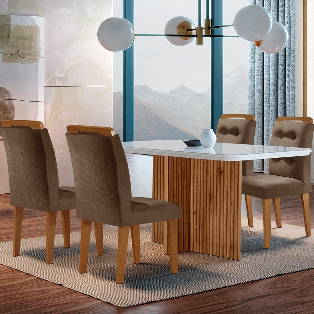 Conjunto Sala de Jantar Mesa Olimpia 120cm MDF Vidro com 4 Cadeiras