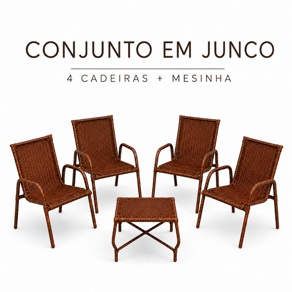 Kit Conjunto 4 Cadeiras De Junco Sintético + Mesa Sofisticada