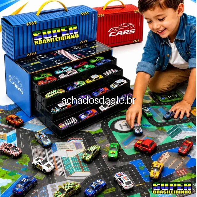 Maleta com 48 Carrinhos e Tapete Pista 40x60 Estacionamento Azul e Vermelho