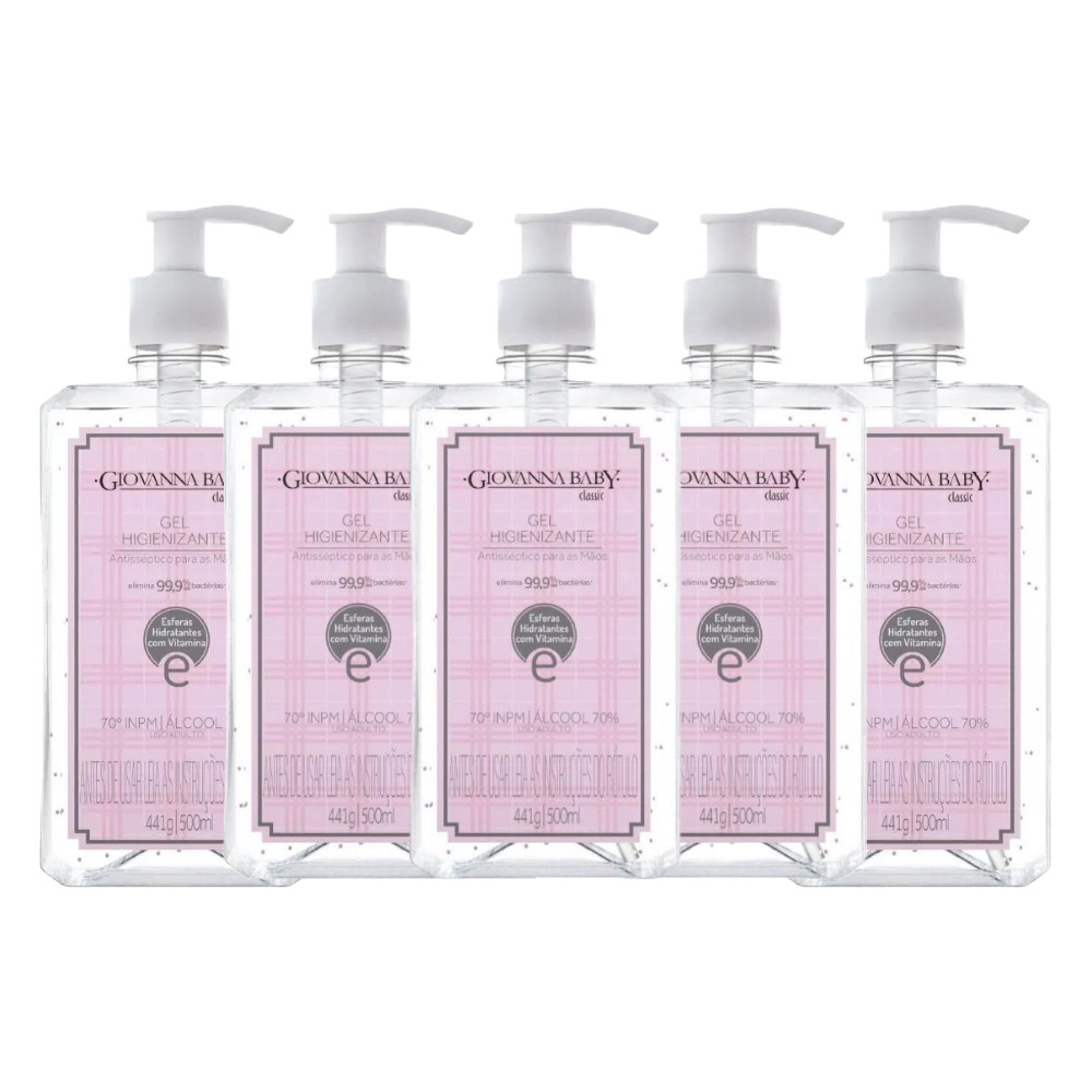 Kit Álcool Em Gel Higienizante Giovanna Baby Classic Rosa 500ml (5 unidades) | Shopee Brasil