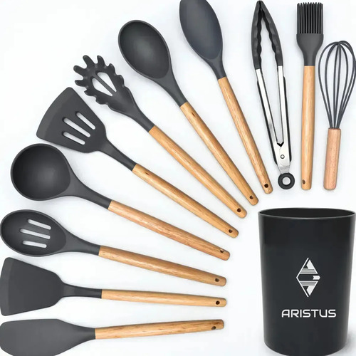 Kit 12 Utensílios de Silicone com Cabo de Madeira Cinza Aristus