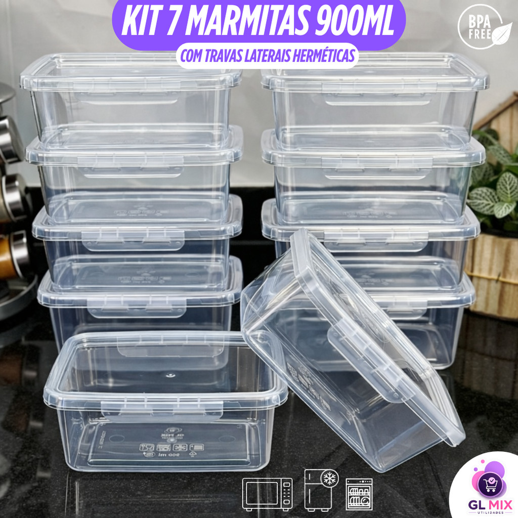 Kit 7 Marmitas 900ml Travas Laterais Herméticas