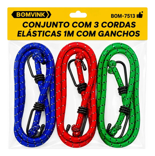 Conjunto 3 Cordas Elásticas 1m Com Ganchos Reforçadas