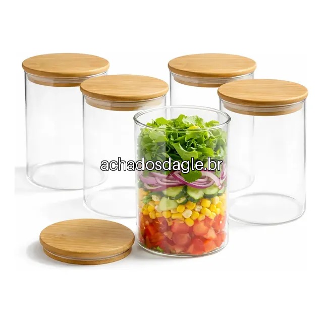 Jogo 5 pote de vidro para salada com tampa de bambu molho