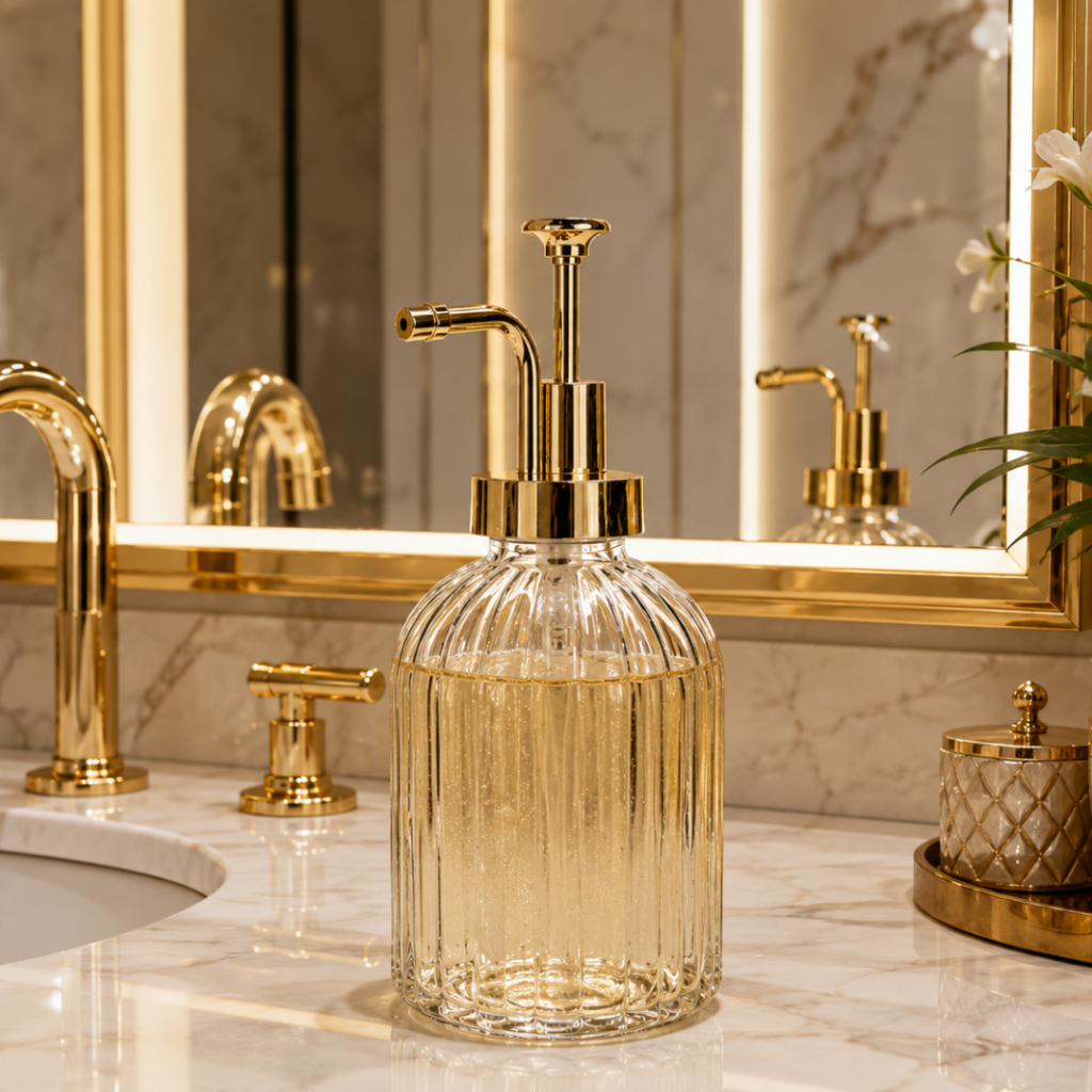 Porta Sabonete Líquido 300ml Vidro Detalhe Dourado Acessório De Banheiro Lavabo | Shopee Brasil