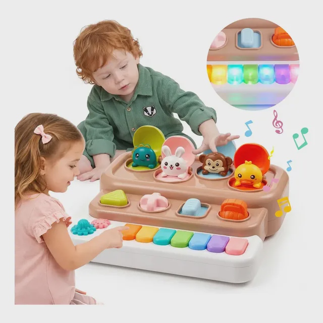 Jogojunto caixa de atividades infantil com piano musical luzes animais pop up e sons educativos