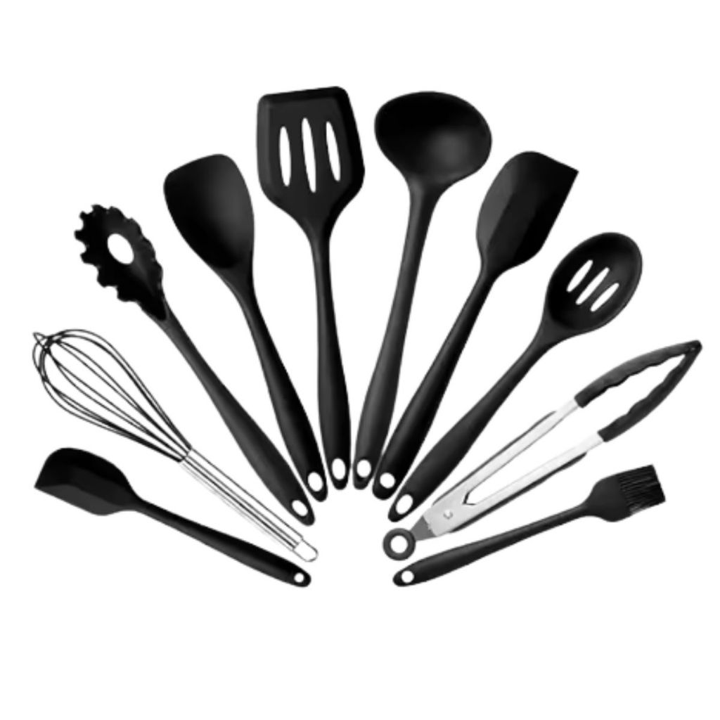 Jogo 10 Colheres De Silicone Utensílios Cozinha Cabo Inox | Shopee Brasil