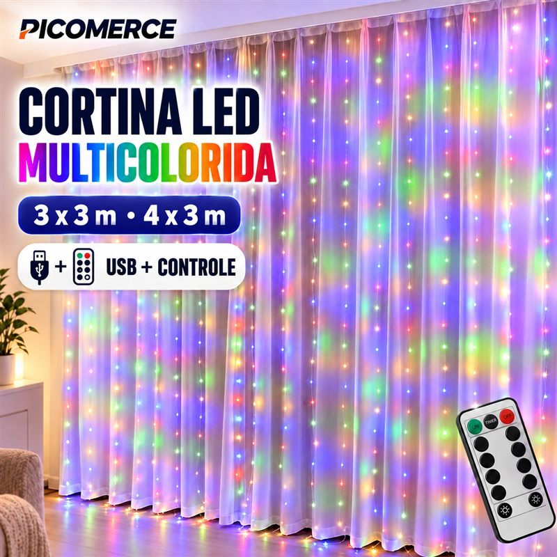 Cortina de Luz LED Multicolorida 3x3m ou 4x3m USB com Controle Remoto, 8 Modos para Festa e Decoração | Shopee Brasil