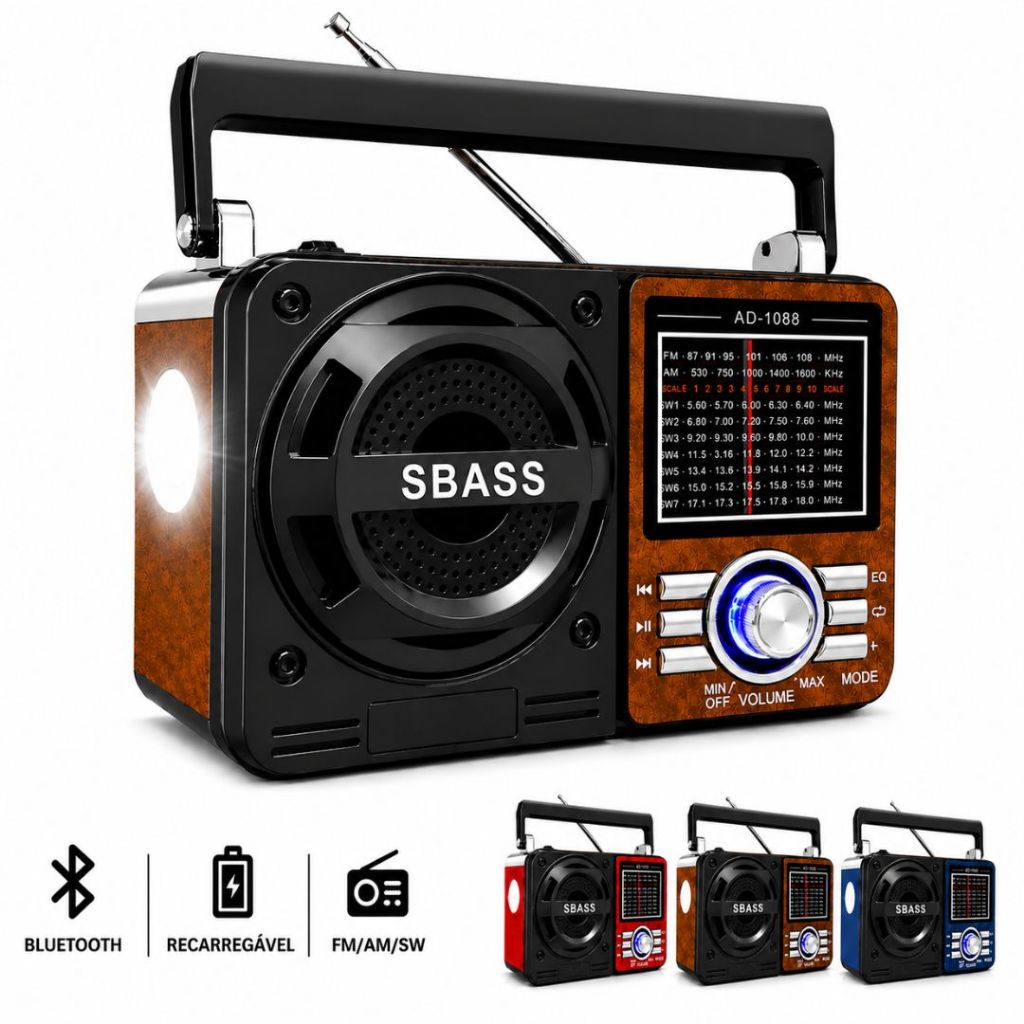 Radio Caixa de Som Bluetooth Recarregavel Lanterna Retro Portatil FM AM USB