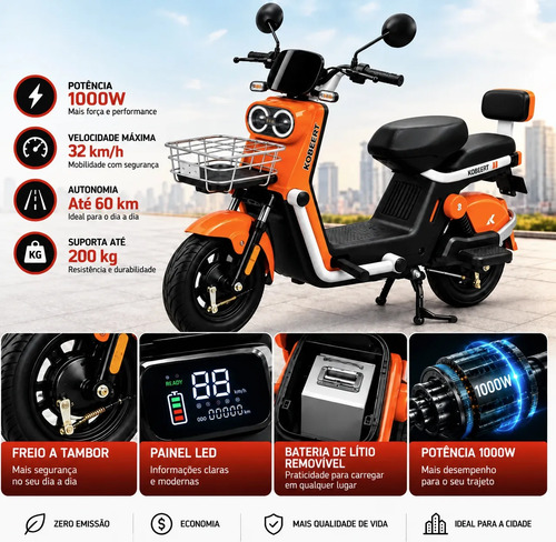 Bike Scooter Moto Elétrica 1000w 60km Aut Laranja 14