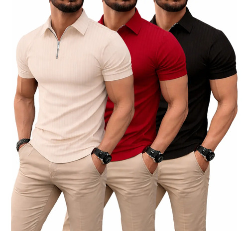 Kit 3 Camiseta Polo Manga Curta Com Zíper Masculina Canelada