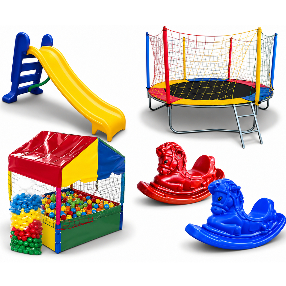 Kit Cama Elástica 2,30m, Piscina 1m, Escorregador e 2 Gangorras