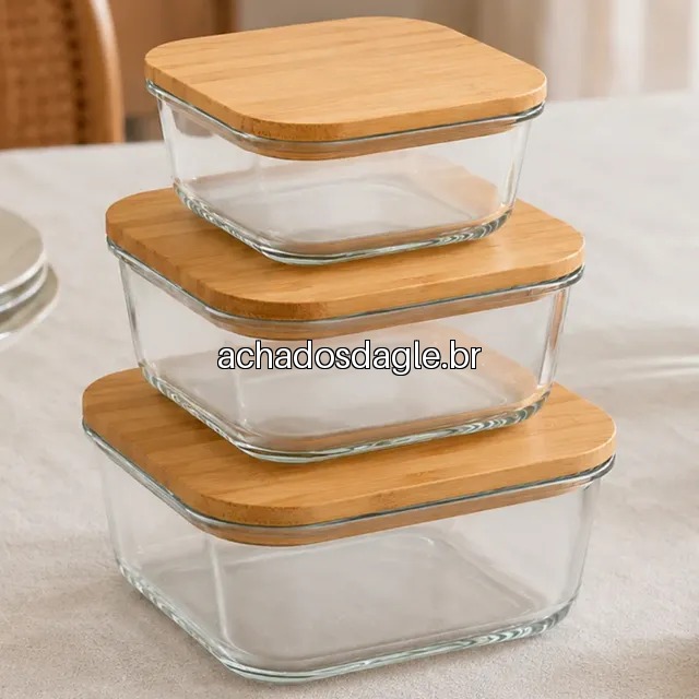 Kit 3 Potes Hermeticos de Vidro com Tampa de Bambu Borossilicato
