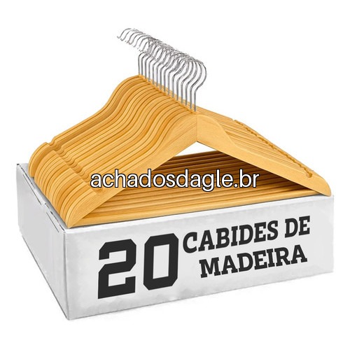 Kit 20 Cabides de Madeira Adulto Grande Antideslizante Marfim Natural Gancho 360°
