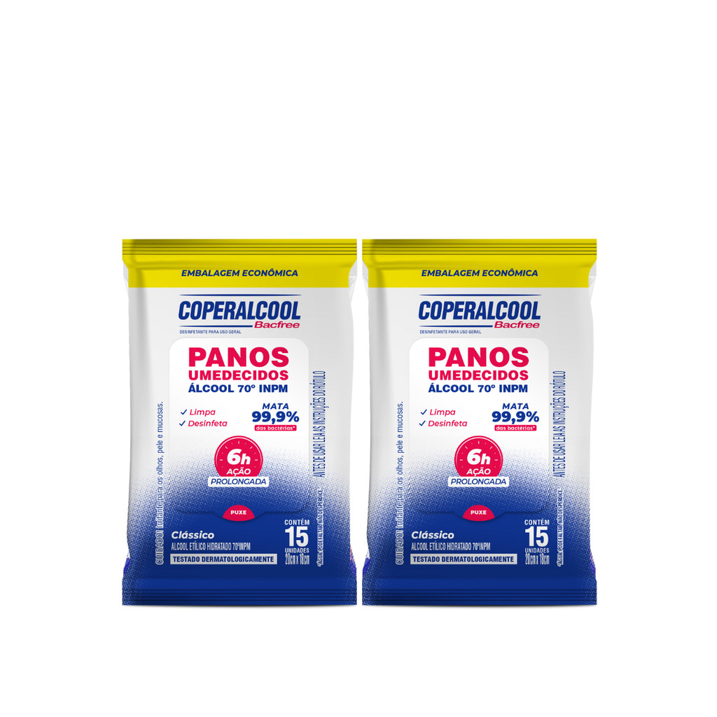Kit 2 Pacotes de Lencos Umedecidos Classico com Alcool 15 Lencos Coperalcool